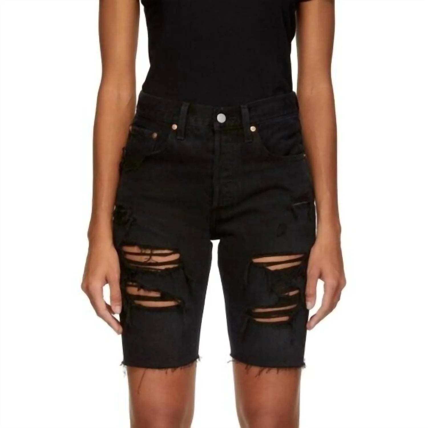 501 Slouch Ripped Black Button Fly Jeans
