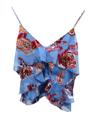 Alice & Olivia Floral Ruffled Sleeveless Croptop in Blue Silk