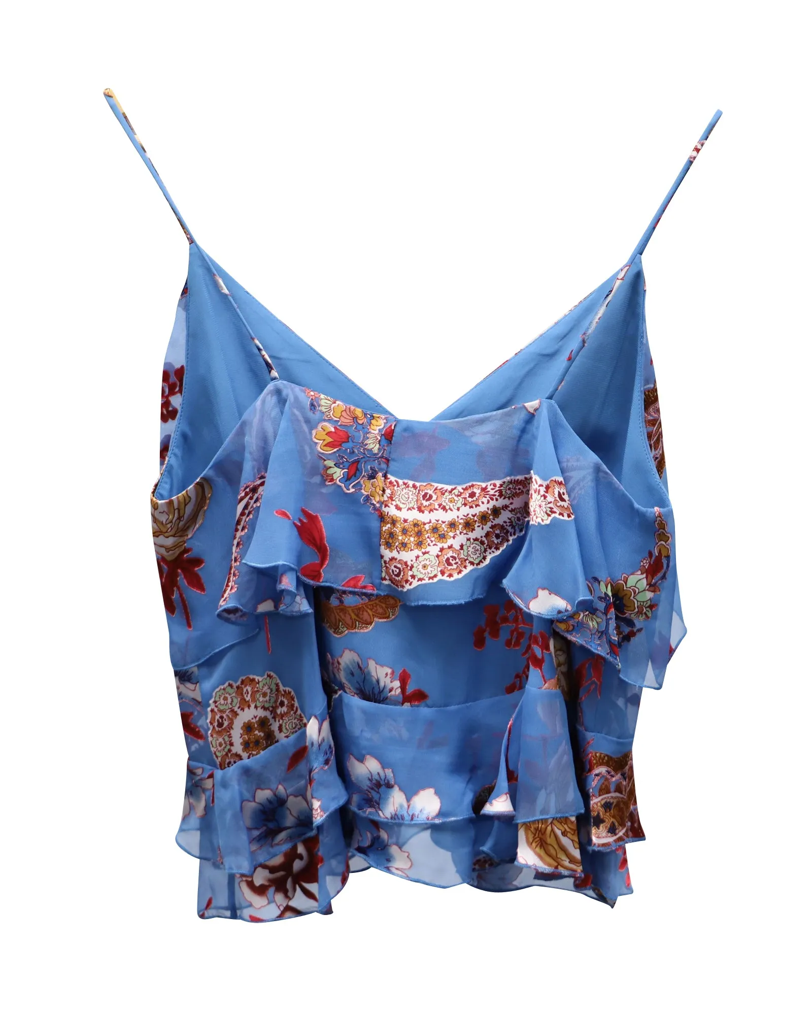 Alice & Olivia Floral Ruffled Sleeveless Croptop in Blue Silk