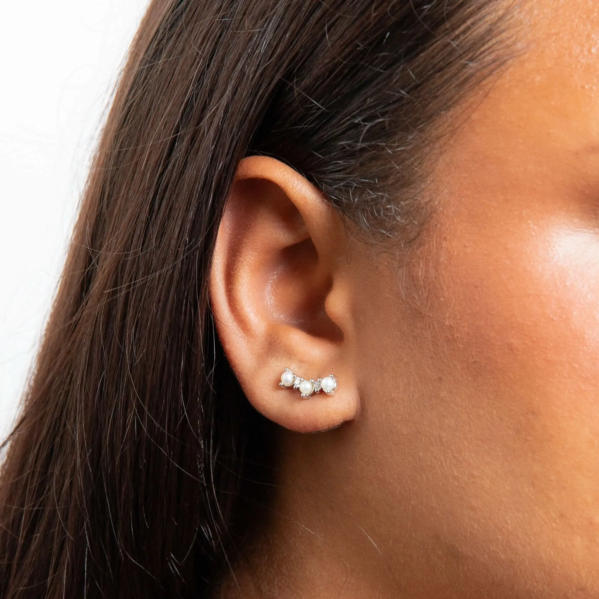 Boucles d'oreilles en argent sterling zirconia blanc et perle d'eau douce blanche E6498W - Débuts Bijoux