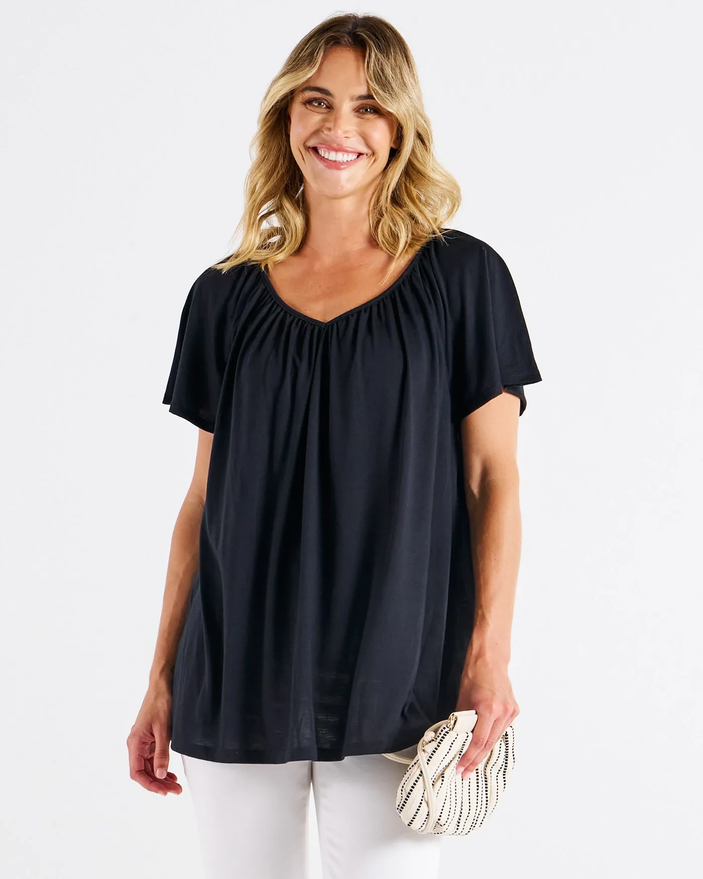 Betty Basics Coral Shirred Tee Black