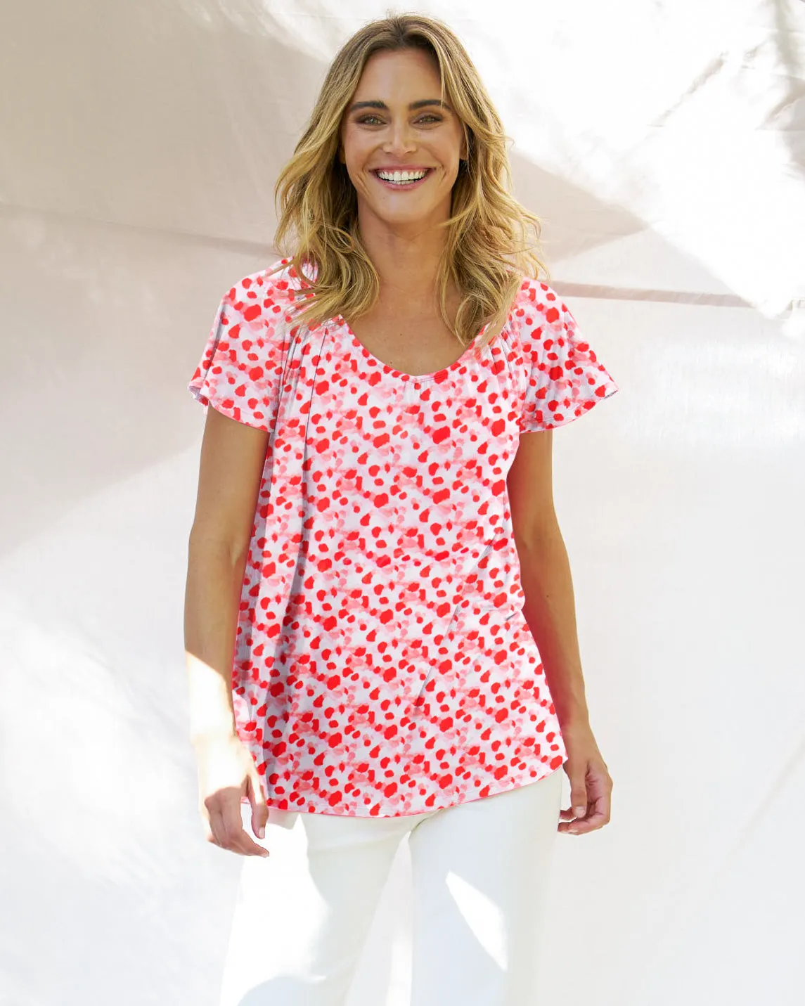 Betty Basics Coral Shirred Tee Blossom Print