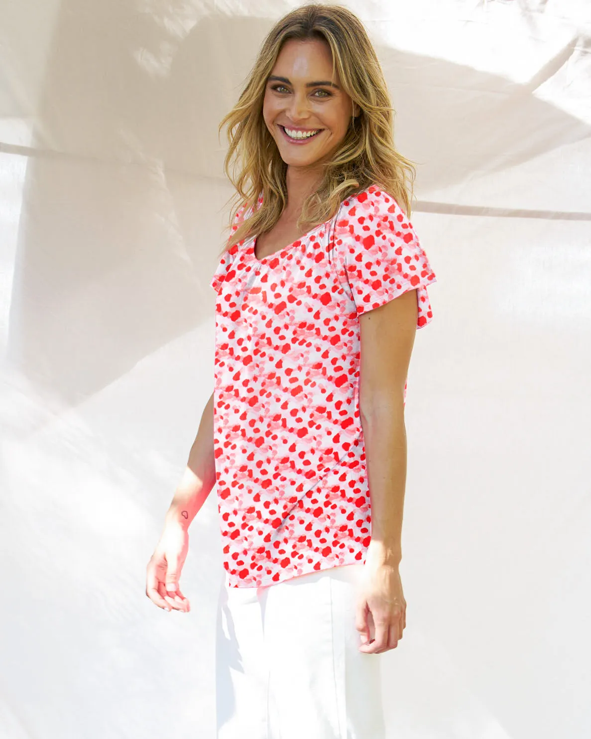 Betty Basics Coral Shirred Tee Blossom Print