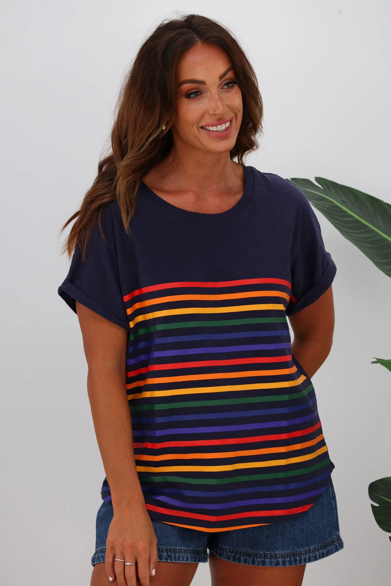 Betty Basics Hailey Short Sleeve Tee Blue Rainbow Stripe