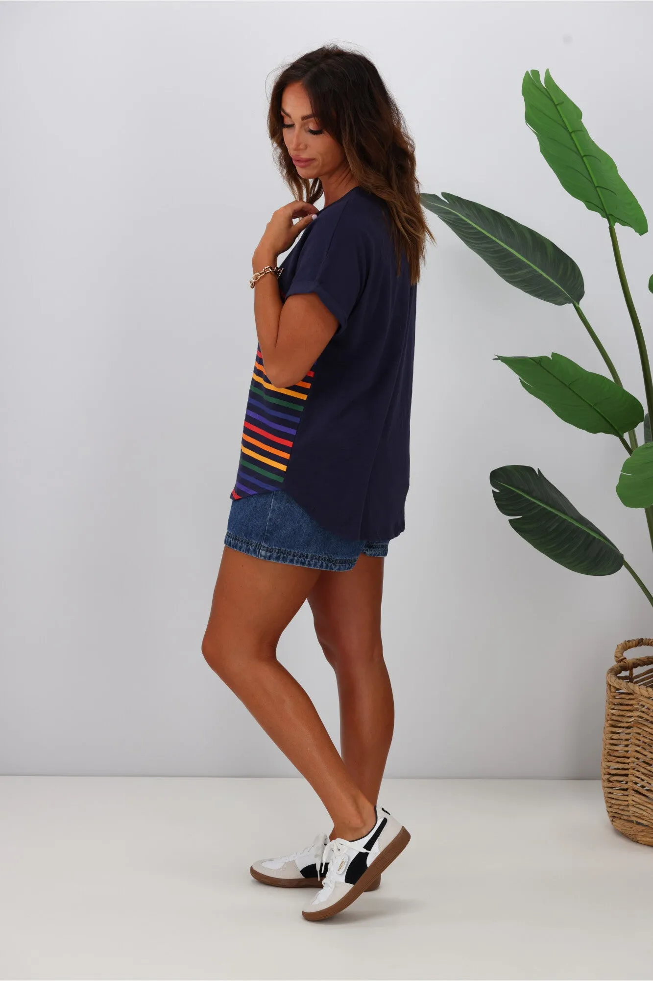 Betty Basics Hailey Short Sleeve Tee Blue Rainbow Stripe
