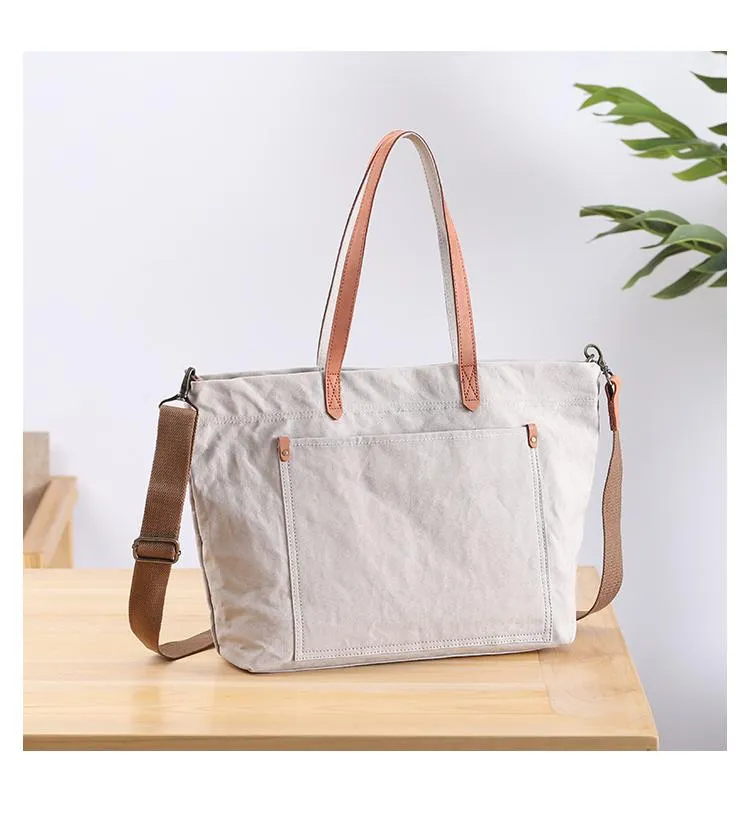 Casual Canvas Leather Mens Womens Large White Handbag Tote Bag Khaki Shoulder Bag Tote Purse For Men
