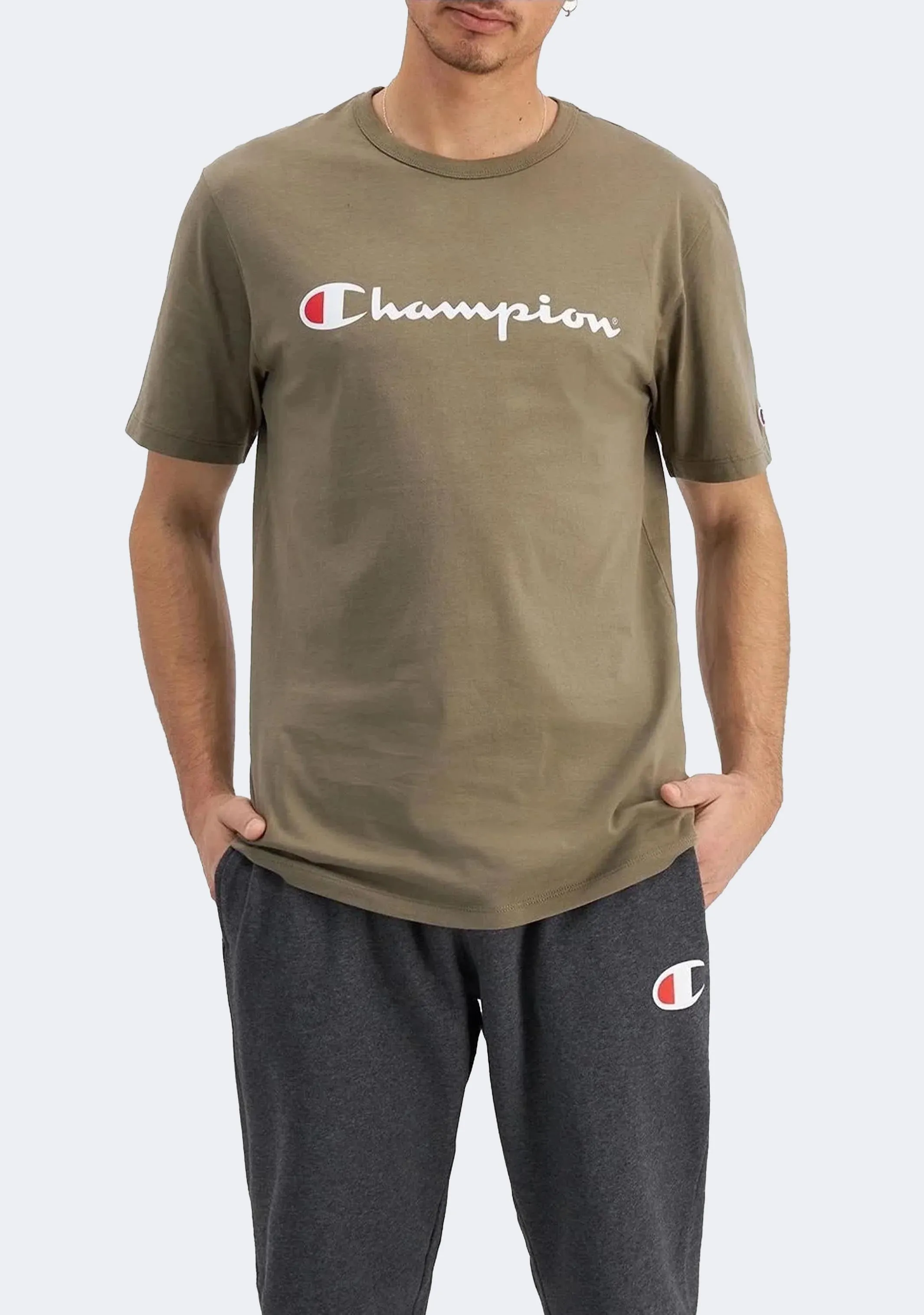 Champion Men's Script Logo Short Sleeve Tee Khaki Green