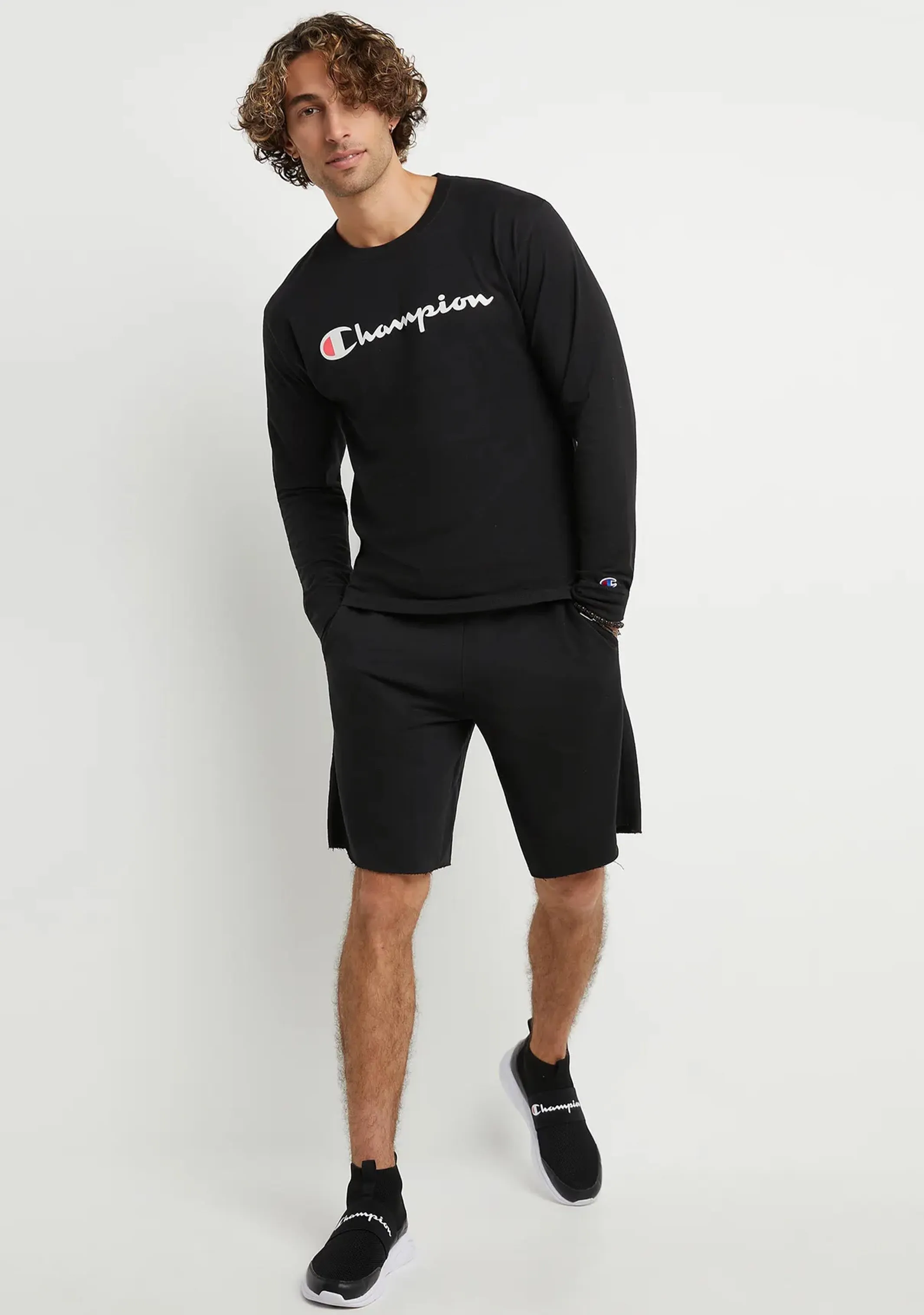 Champion Mens Script Long Sleeve Tee Black <br> AXQNN