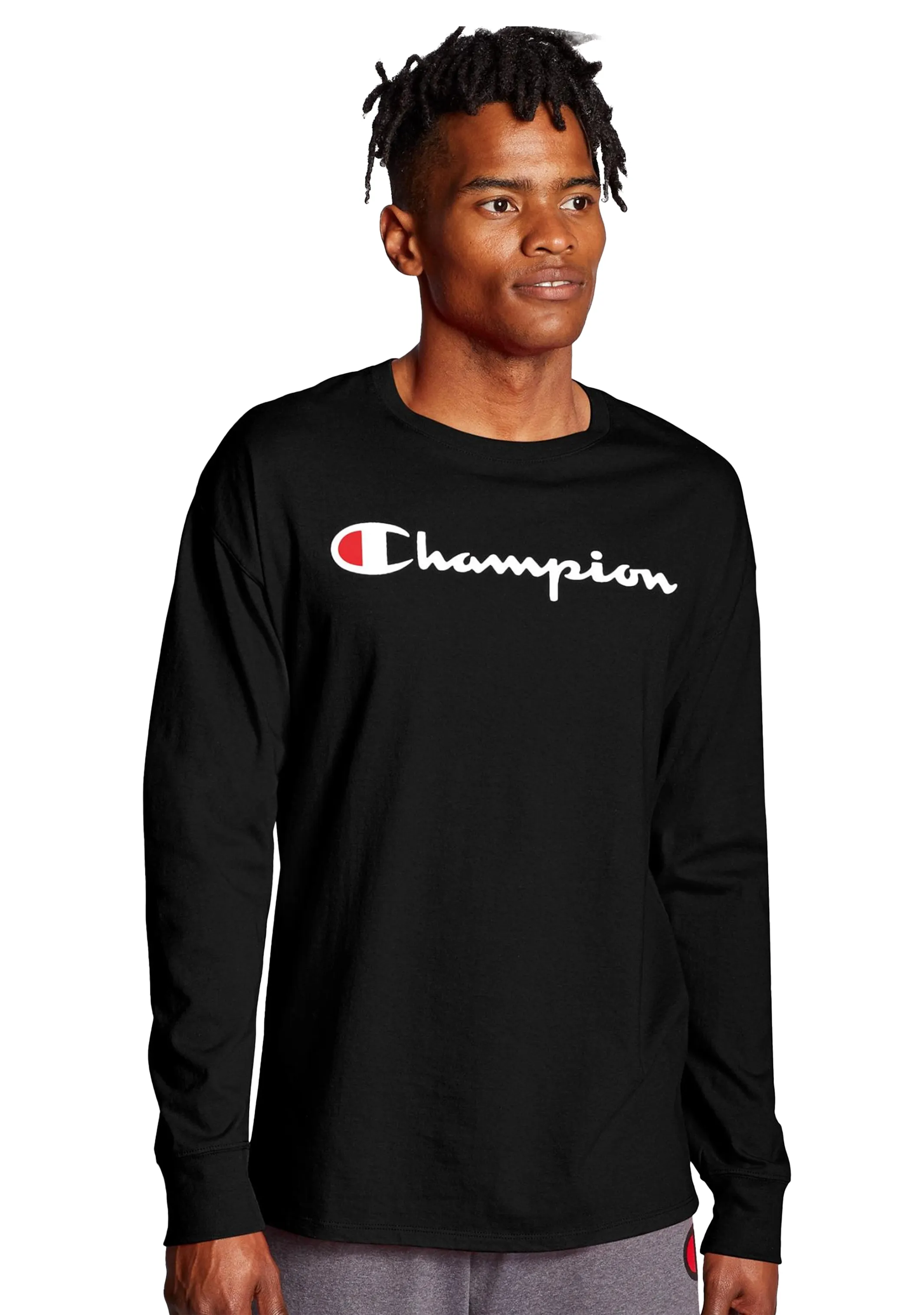 Champion Mens Script Long Sleeve Tee Black <br> AXQNN