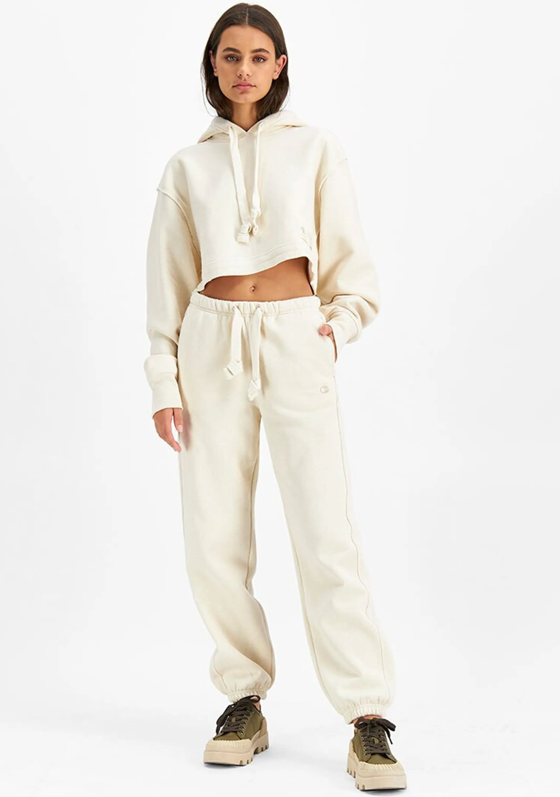 Champion Womens Reverse Weave Beige Cropped Hoodie <br> CT87A1 NAT