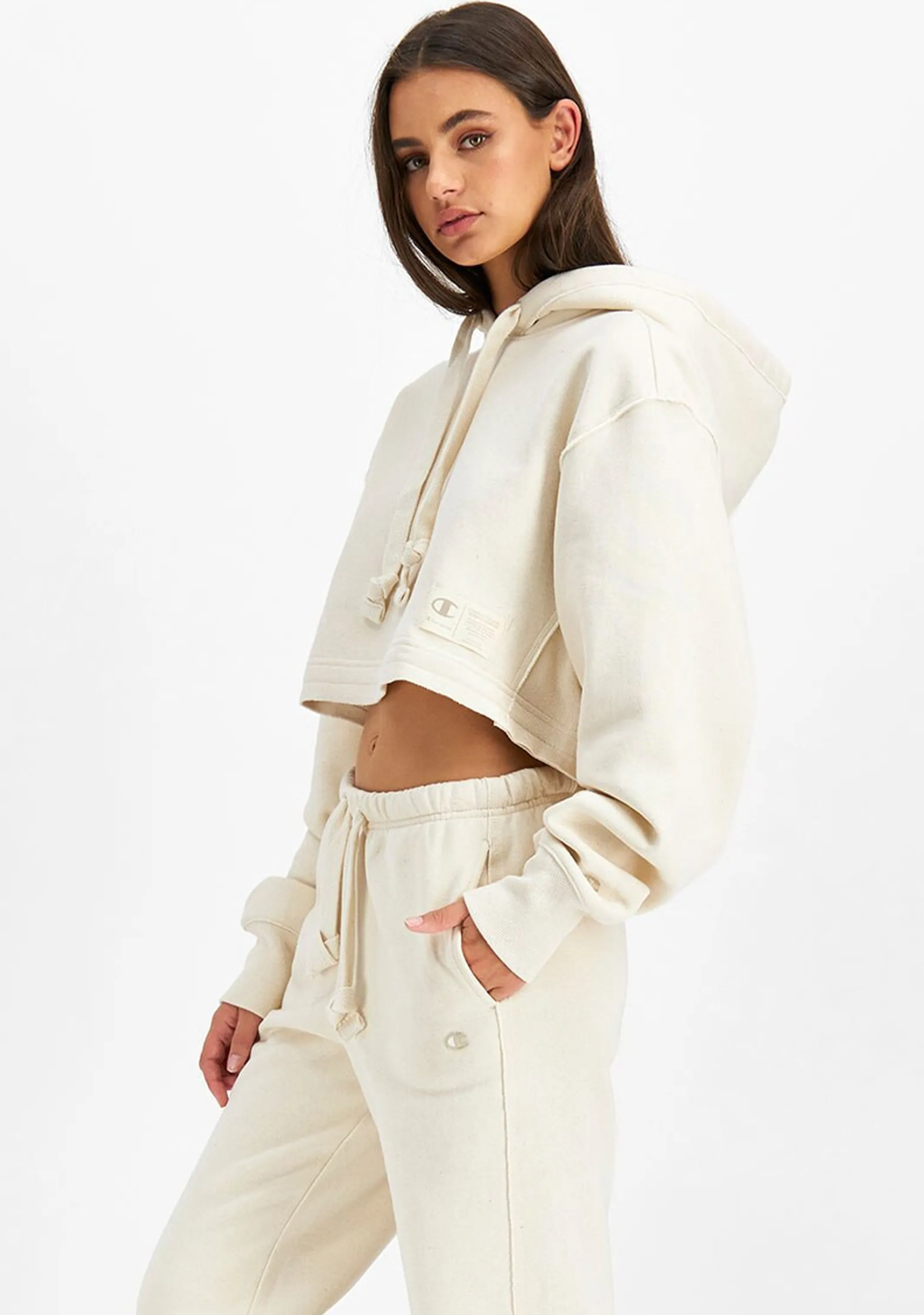 Champion Womens Reverse Weave Beige Cropped Hoodie <br> CT87A1 NAT
