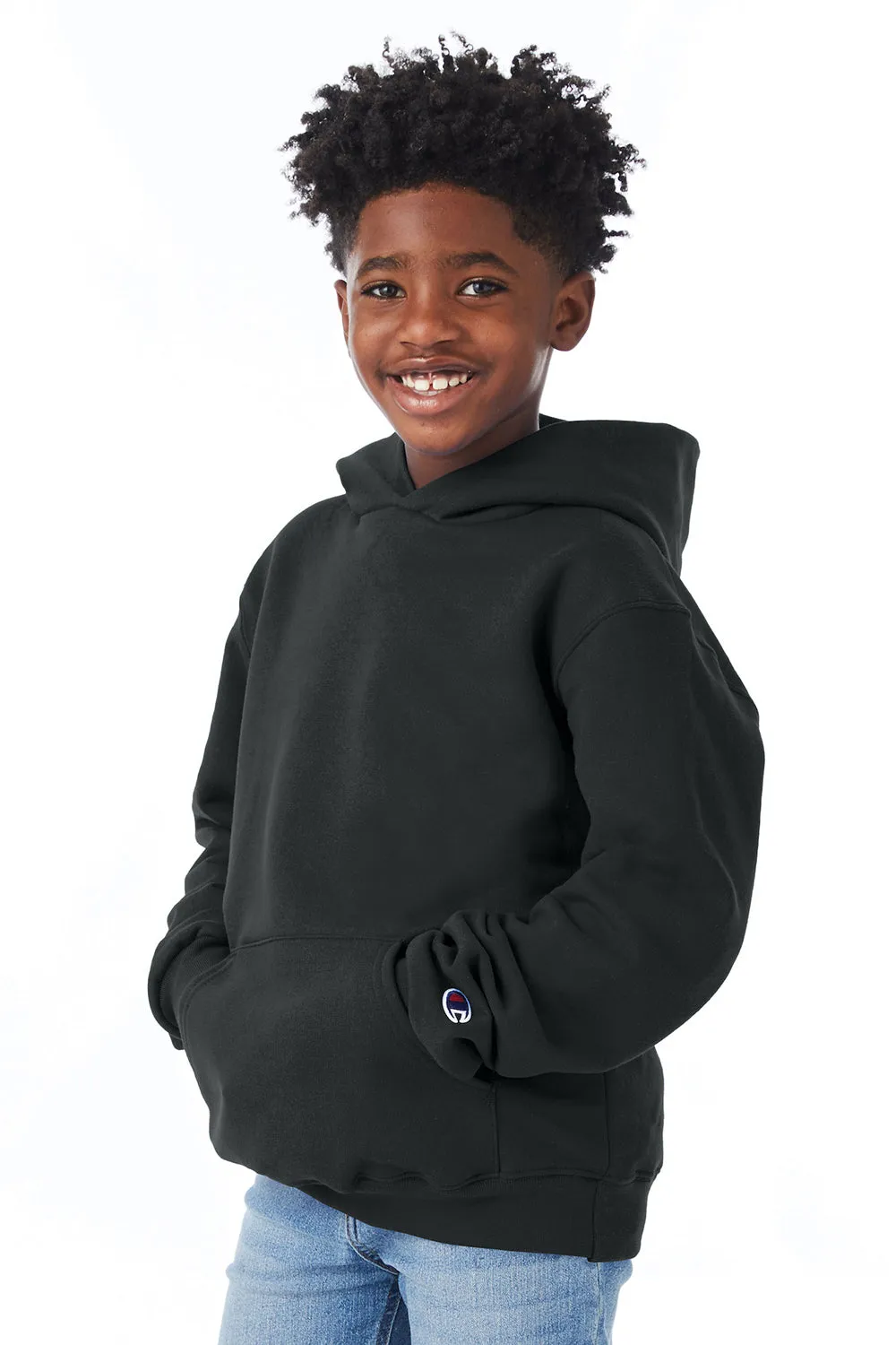 Champion Youth Double Dry Eco Moisture Wicking Fleece Hooded Sweatshirt Hoodie w/ Pouch Pocket - Black