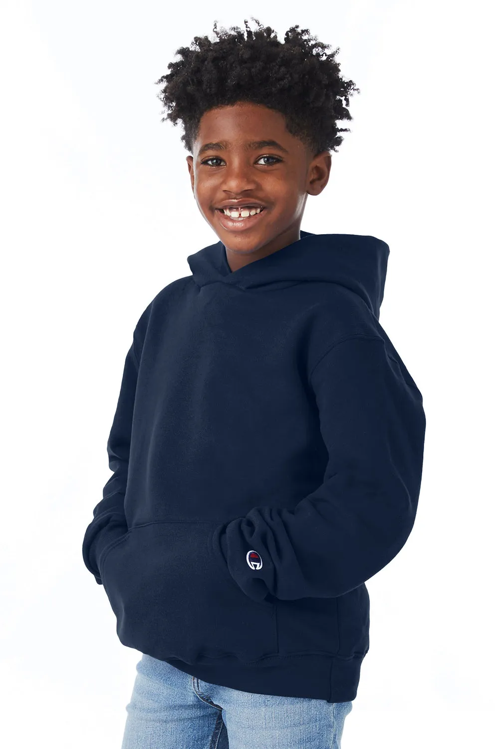 Champion Youth Double Dry Eco Moisture Wicking Fleece Hooded Sweatshirt Hoodie w/ Pouch Pocket - Navy Blue