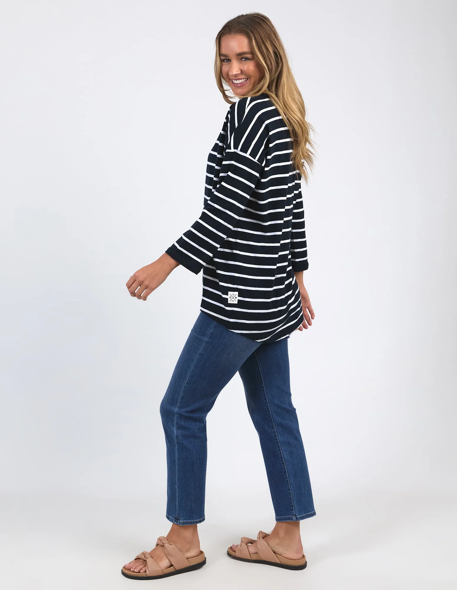 Elm Annie 3/4 Sleeve Tee Navy White Stripe