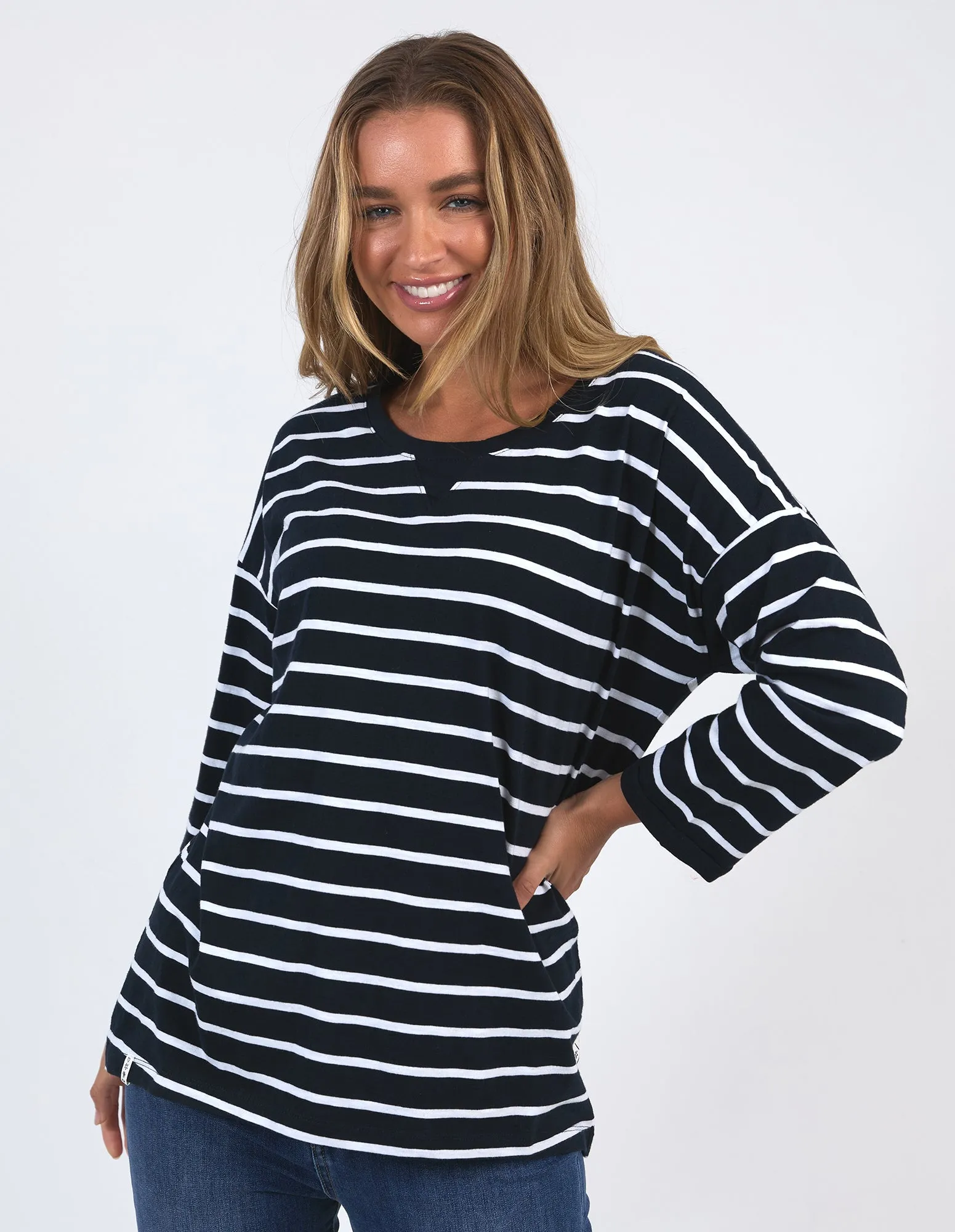 Elm Annie 3/4 Sleeve Tee Navy White Stripe