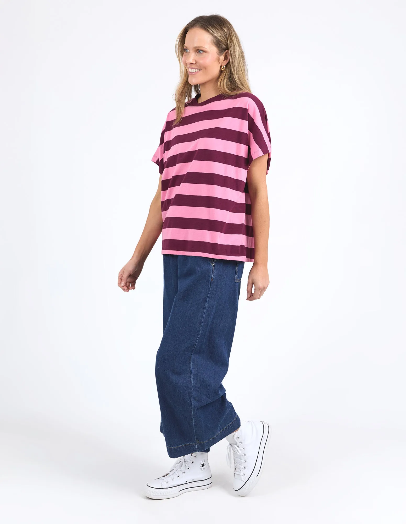 Elm Poet Tee Pink Geranium and Merlot Stripe