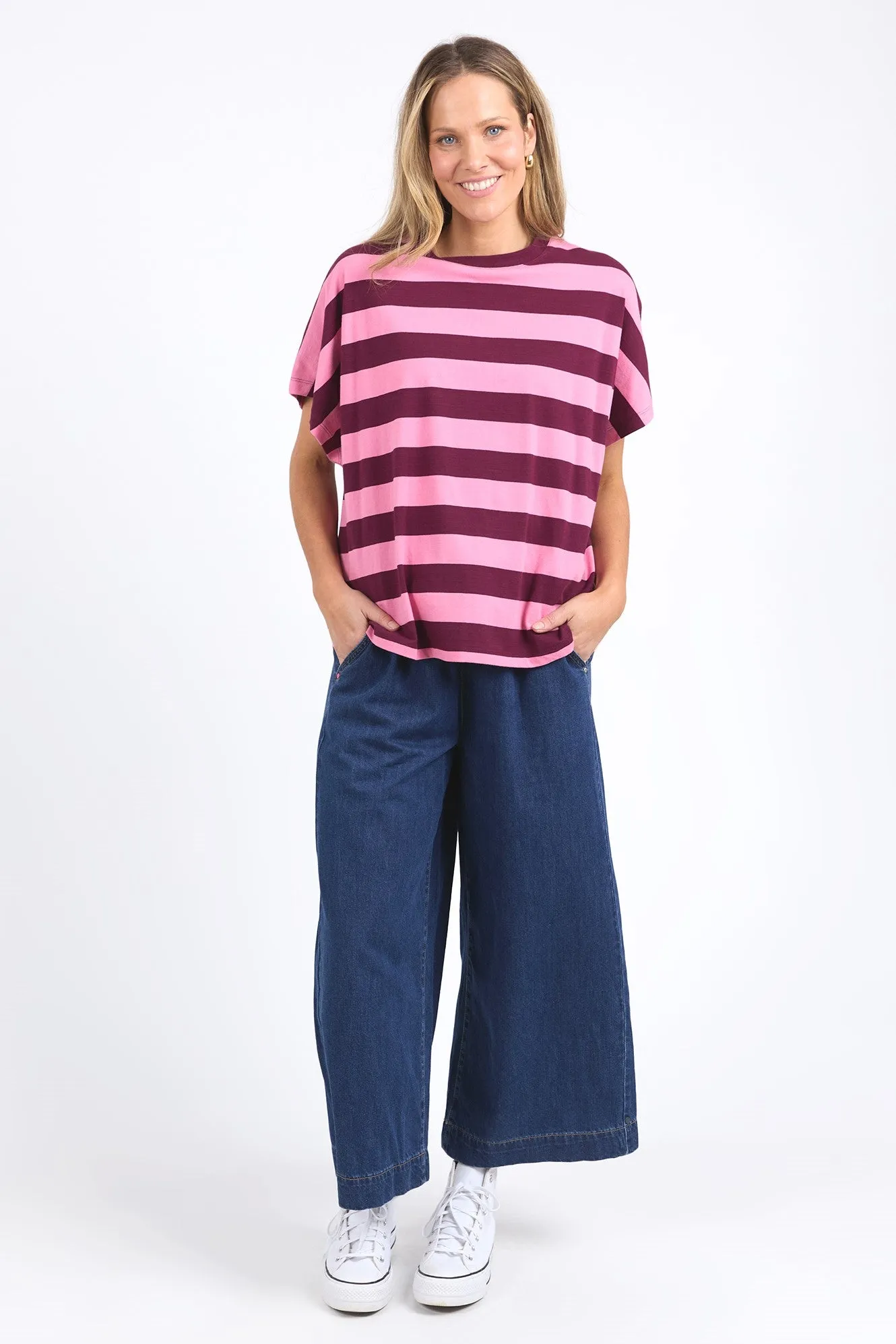 Elm Poet Tee Pink Geranium and Merlot Stripe