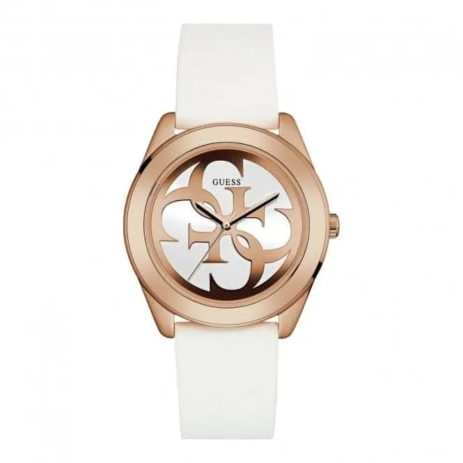 Montre Guess Ladies en or rose, cadran blanc avec logo et bracelet en silicone blanc W0911L5