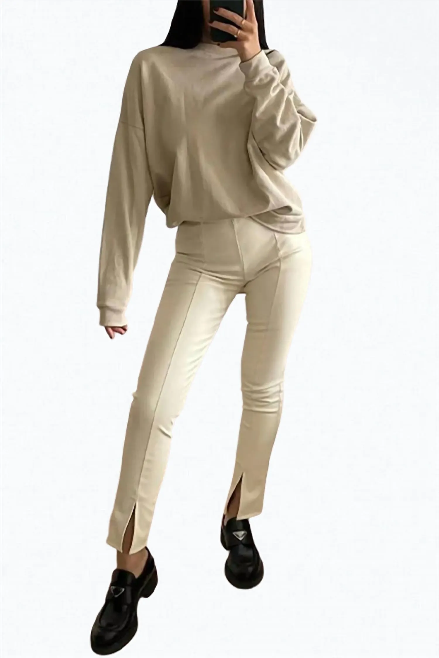 High-Rise Vegan Leather Split-Hem Pants In Ecru