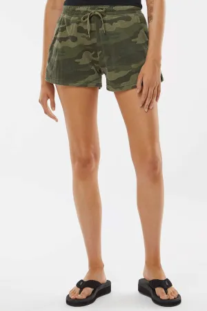 Independent Trading Company Womens California Wave Wash Fleece Shorts w/ Pockets - Heather Forest Green Camo