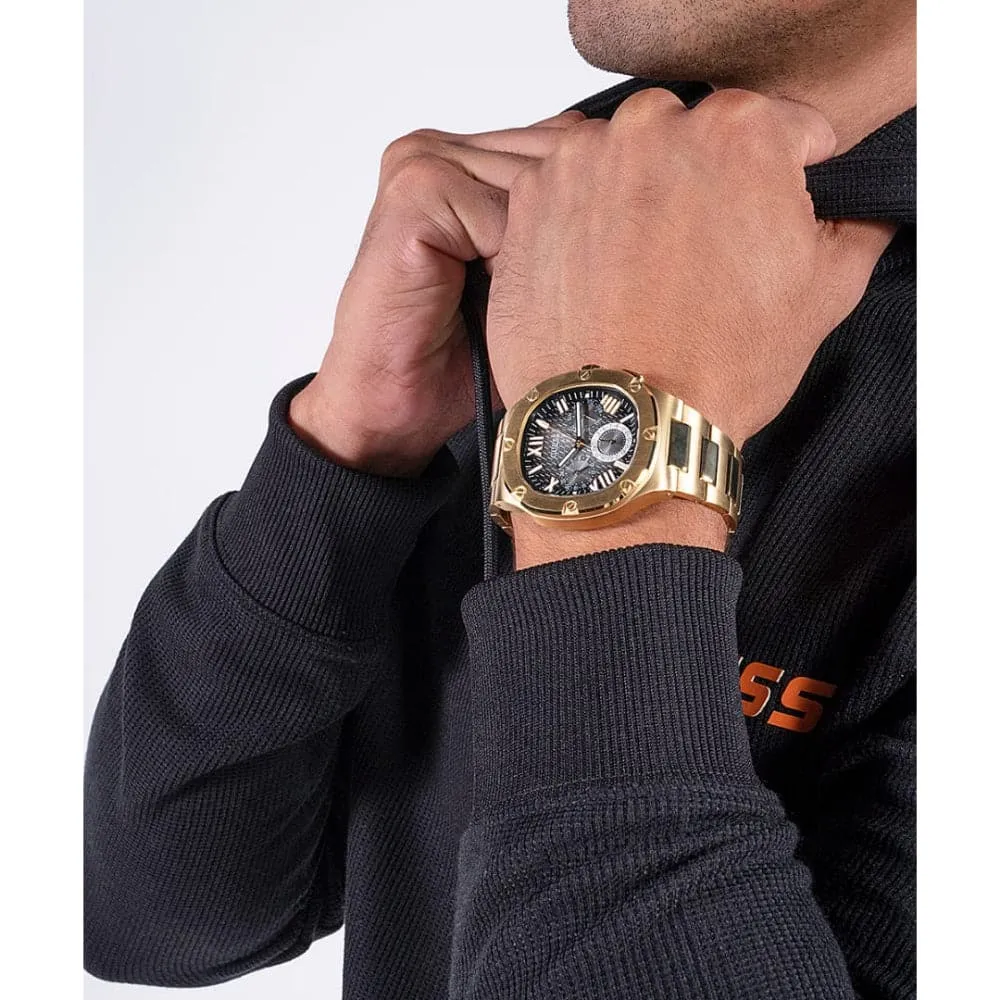 Montre Guess pour Homme Chronographe Cadran Noir Bracelet en Acier Inoxydable Doré GW0572G2