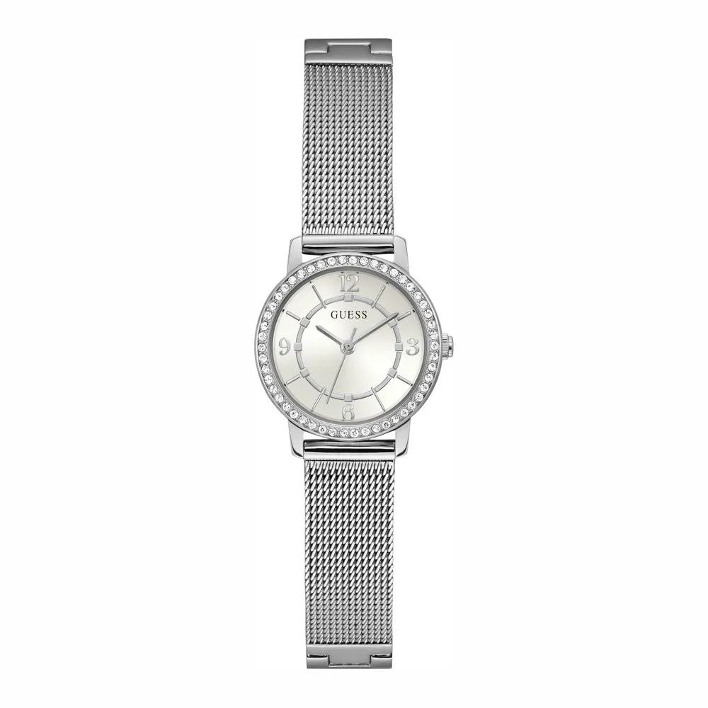 Montres Jewelry Guess Guess Melody Dames Horloge en Ton Argent Bracelet Maille Femme GW0534L1
