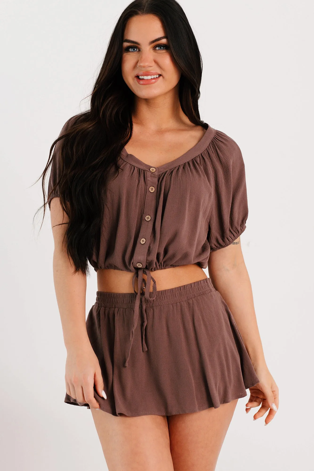 Laid Back Days Short Sleeve Top & Skort Set (Cocoa)