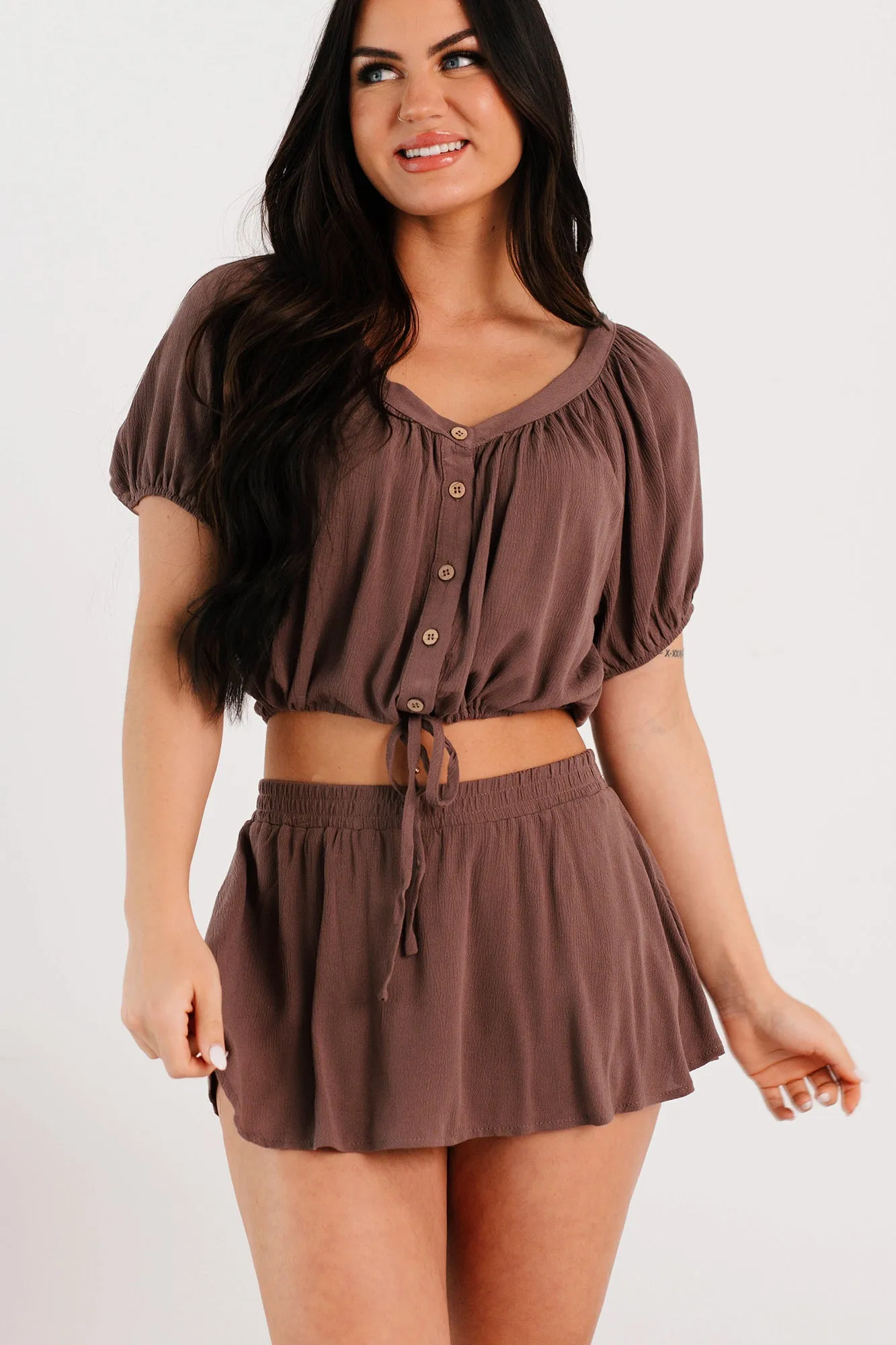 Laid Back Days Short Sleeve Top & Skort Set (Cocoa)
