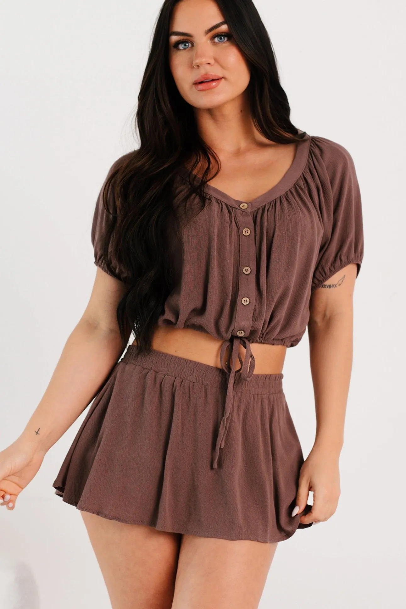 Laid Back Days Short Sleeve Top & Skort Set (Cocoa)