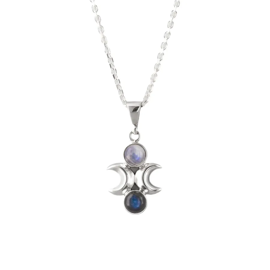 Nick Von K Jewellery Nick Von K - Pendent Lune en Argent Sterling avec Labradorite et Pierre de Lune Arc-en-Ciel