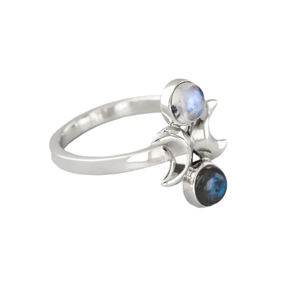 Nick Von K Bijoux Nick Von K - Bague Phase de Lune en Argent Sterling avec Labradorite et Pierre de Lune Arc-en-Ciel
