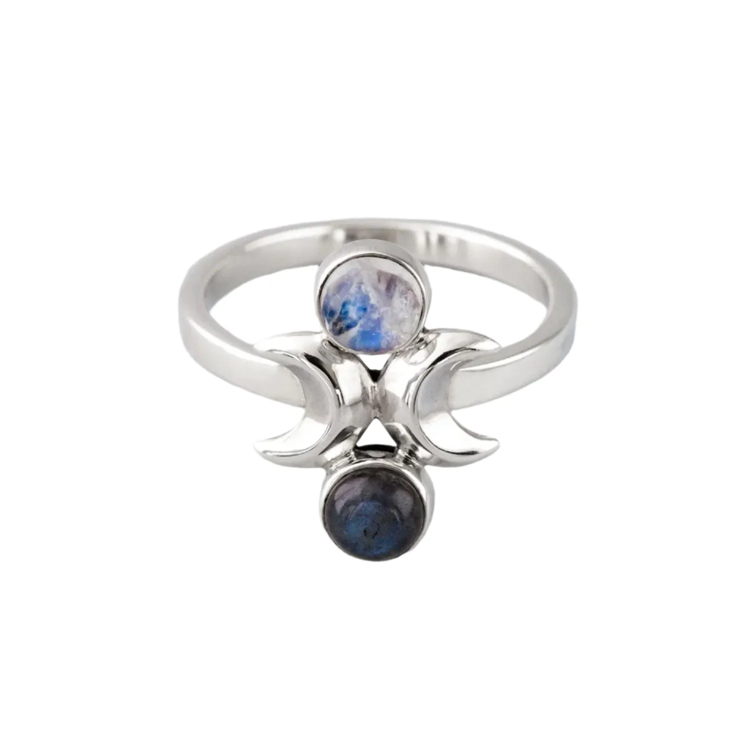 Nick Von K Bijoux Nick Von K - Bague Phase de Lune en Argent Sterling avec Labradorite et Pierre de Lune Arc-en-Ciel