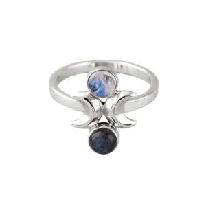 Nick Von K Bijoux Nick Von K - Bague Phase de Lune en Argent Sterling avec Labradorite et Pierre de Lune Arc-en-Ciel