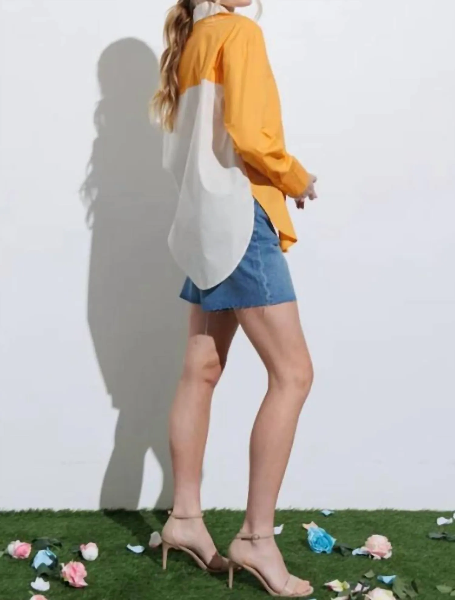Orange Color Block Button Up In Orange Colorblock
