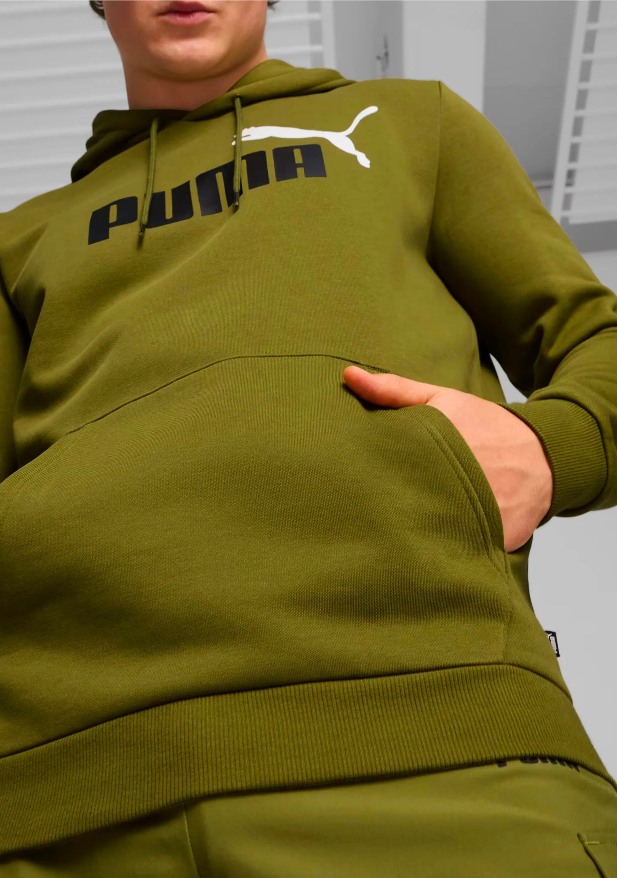 Puma Men's Essentials  Two-Tone Big Logo Hoodie Olive Green <br> 586764 35