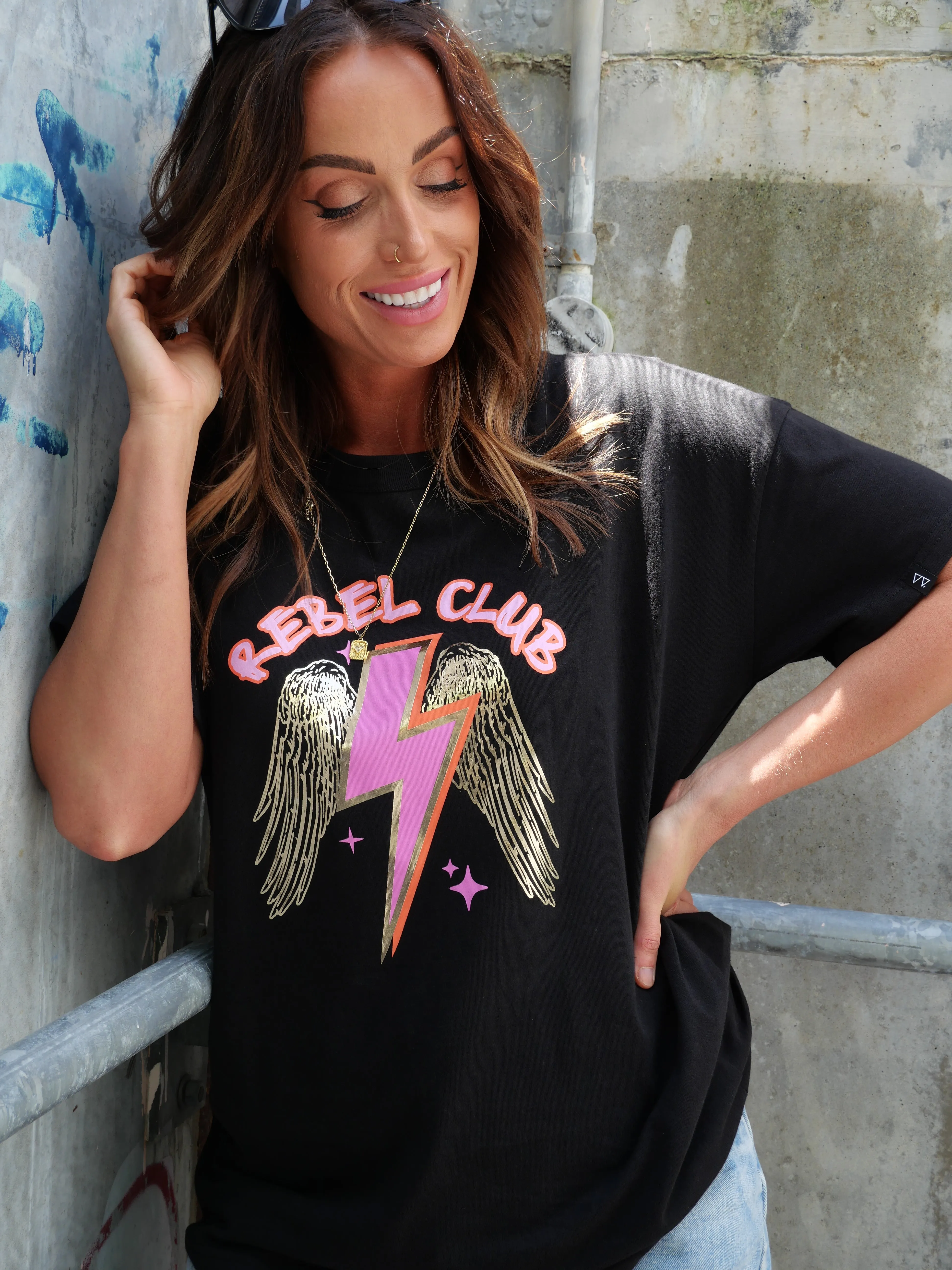 Rebel Club by Shine On Angelic Stars Boyfriend Tee Jet Black