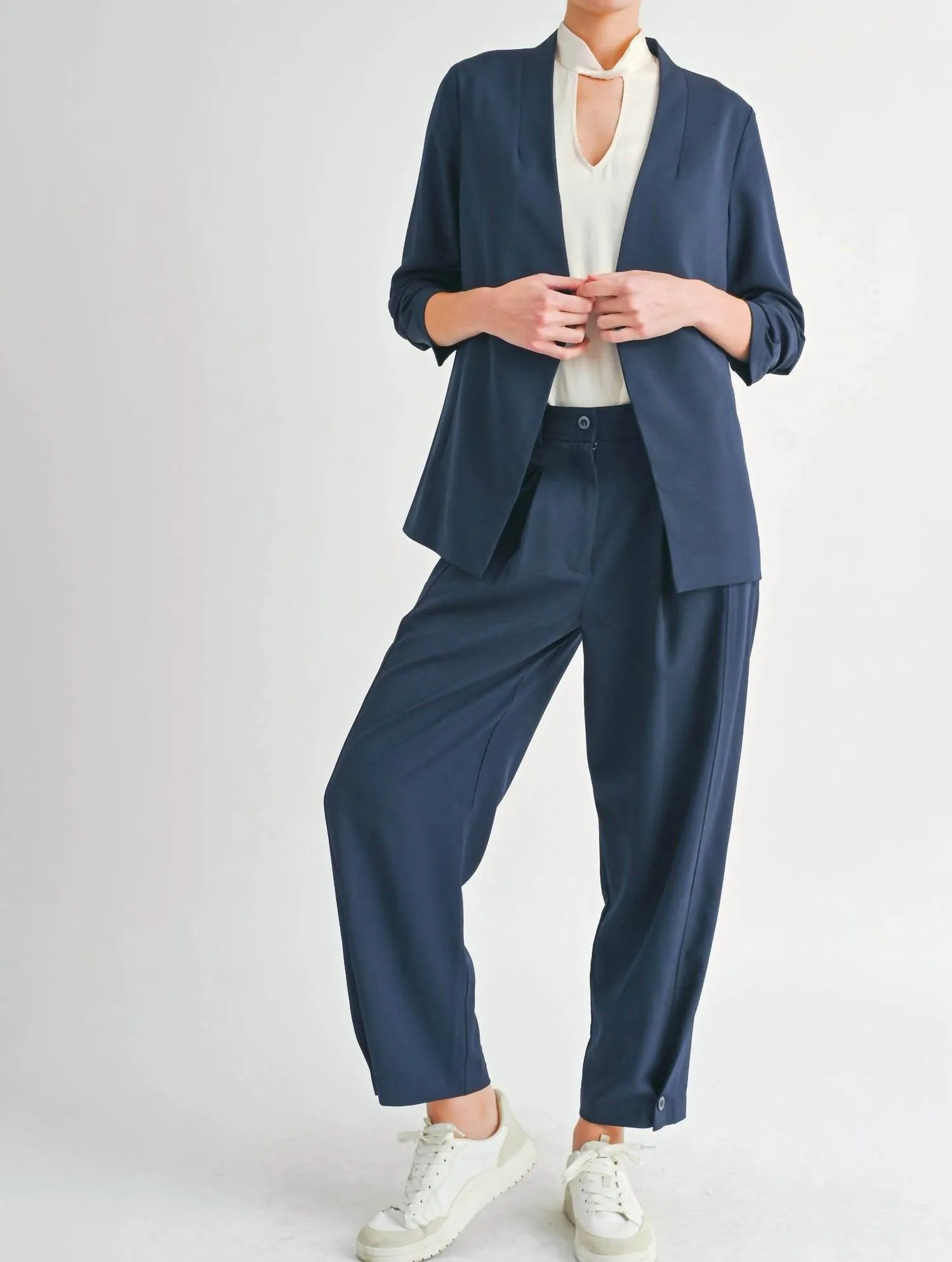 Ruched Sleeve Blazer In Navy