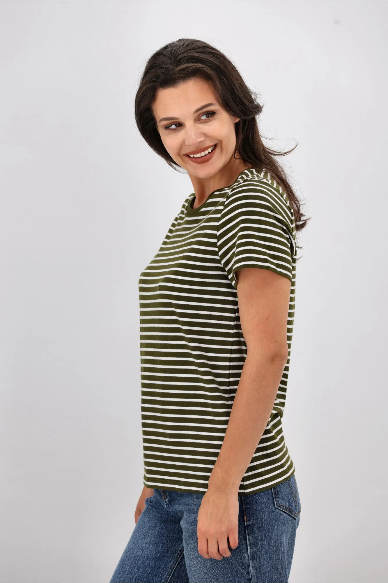 Shine On Essentials Stripe Tee Olive and White