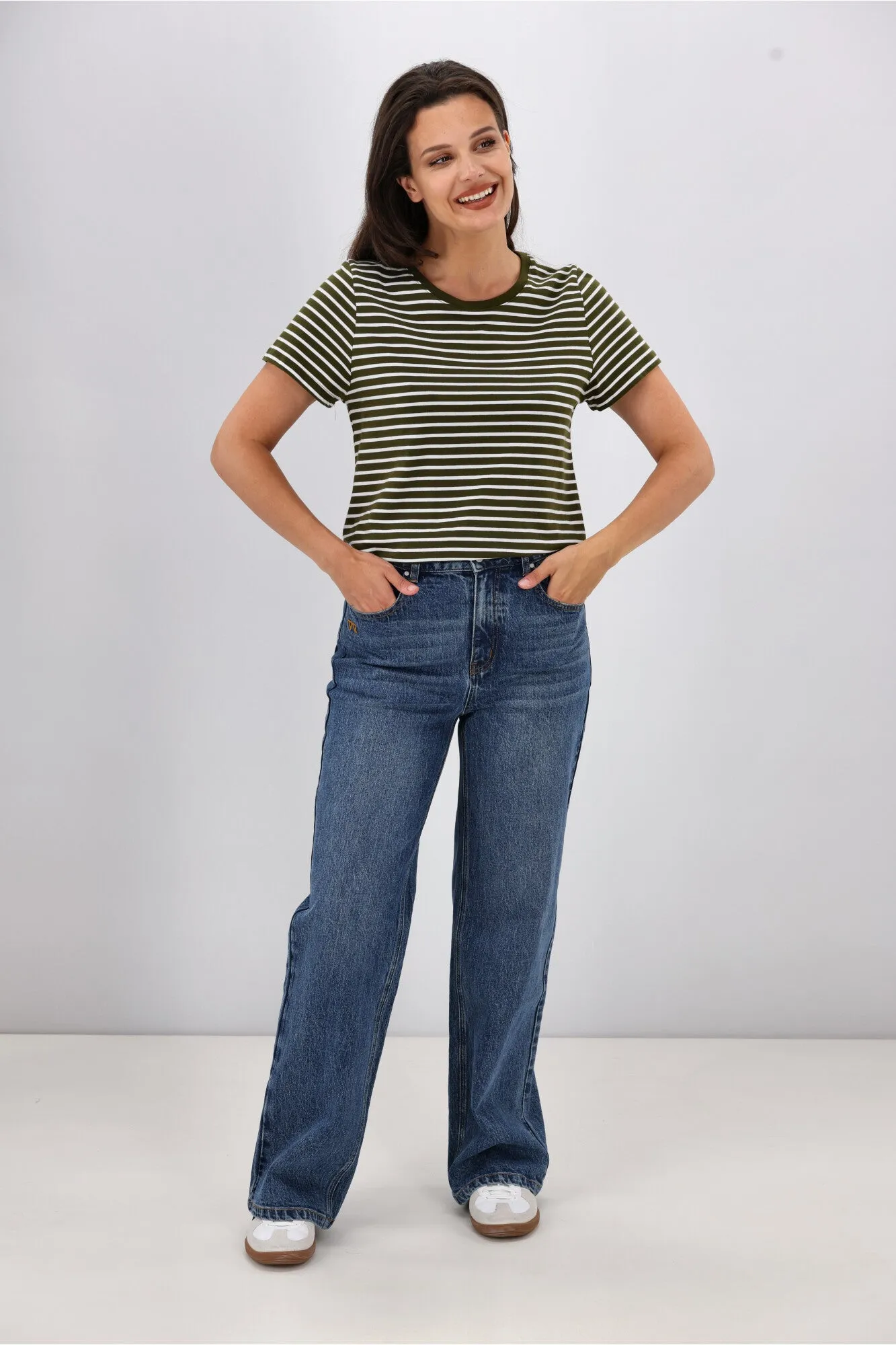 Shine On Essentials Stripe Tee Olive and White