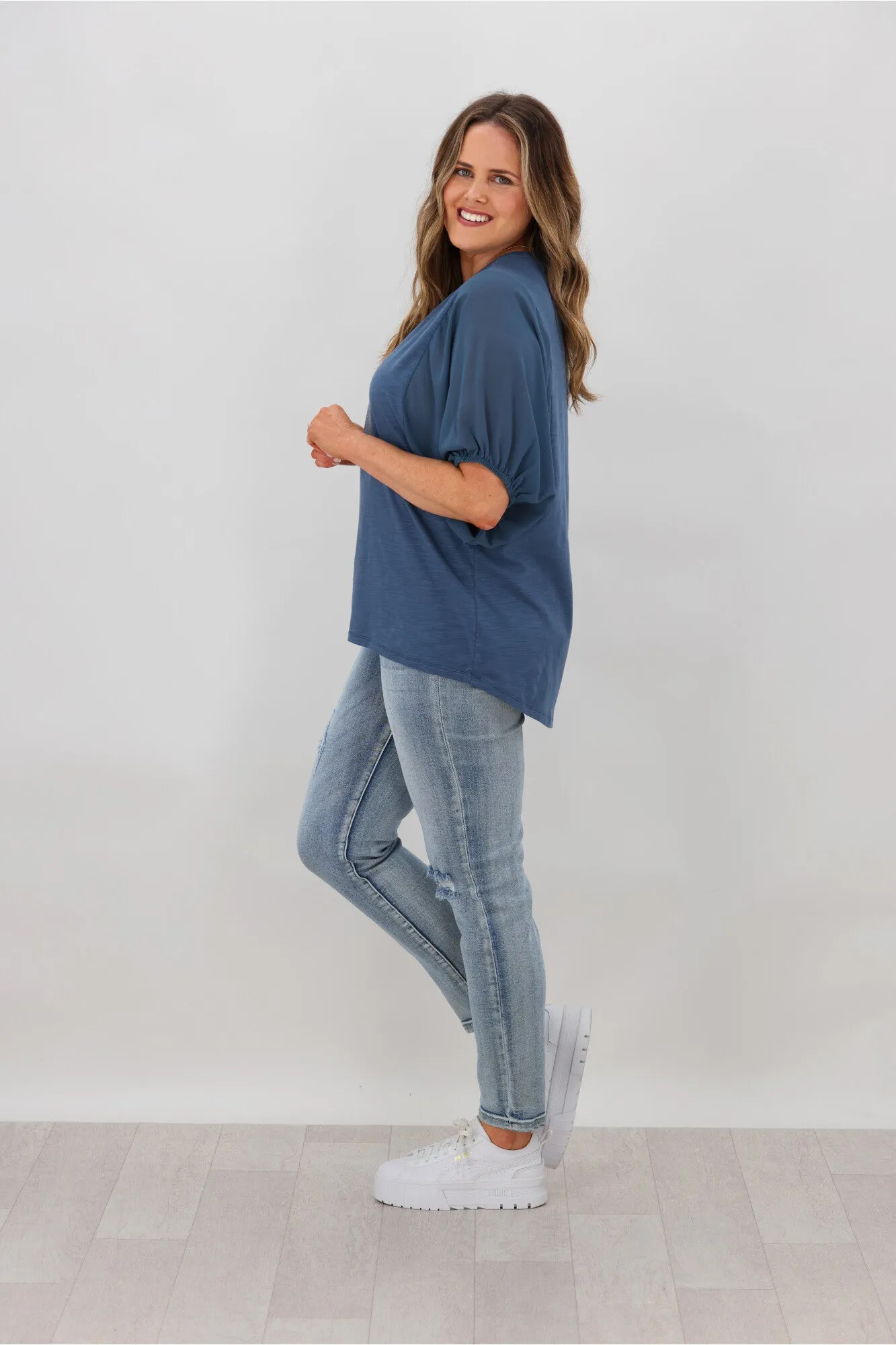 Shine On Label Tahlia Chiffon Sleeve Top Steel Blue w Circle Print