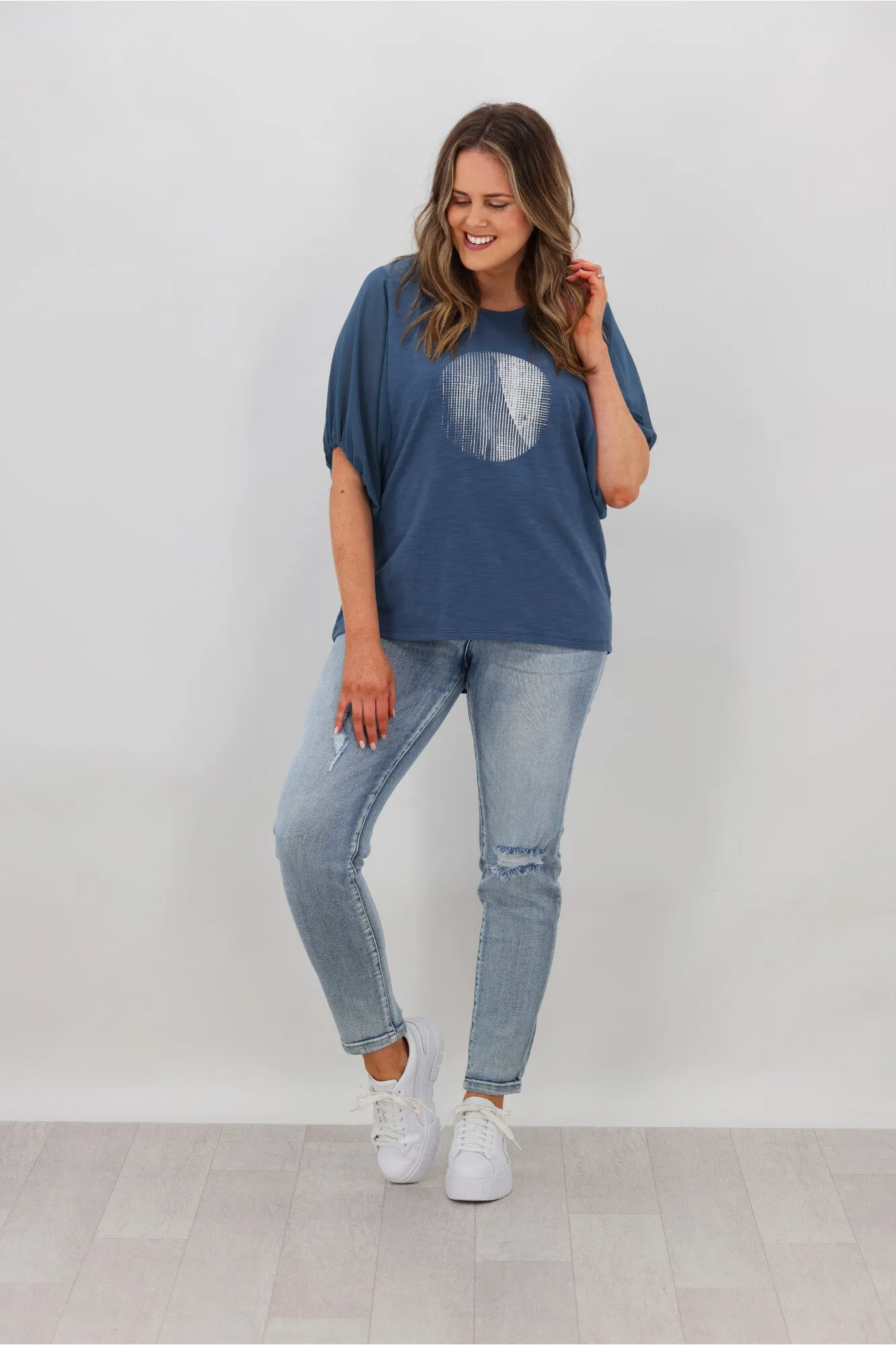 Shine On Label Tahlia Chiffon Sleeve Top Steel Blue w Circle Print
