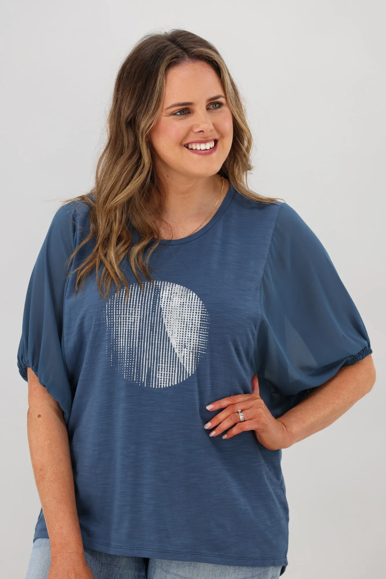 Shine On Label Tahlia Chiffon Sleeve Top Steel Blue w Circle Print