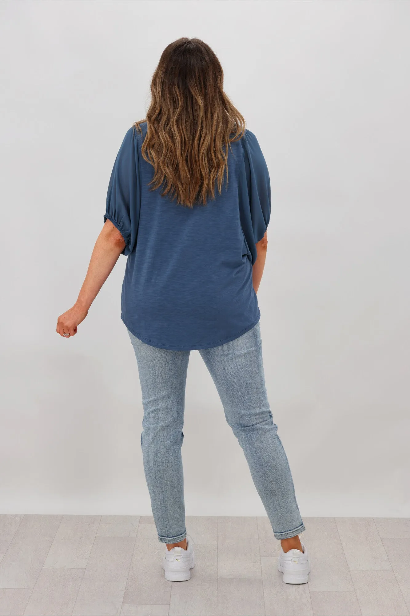 Shine On Label Tahlia Chiffon Sleeve Top Steel Blue w Circle Print