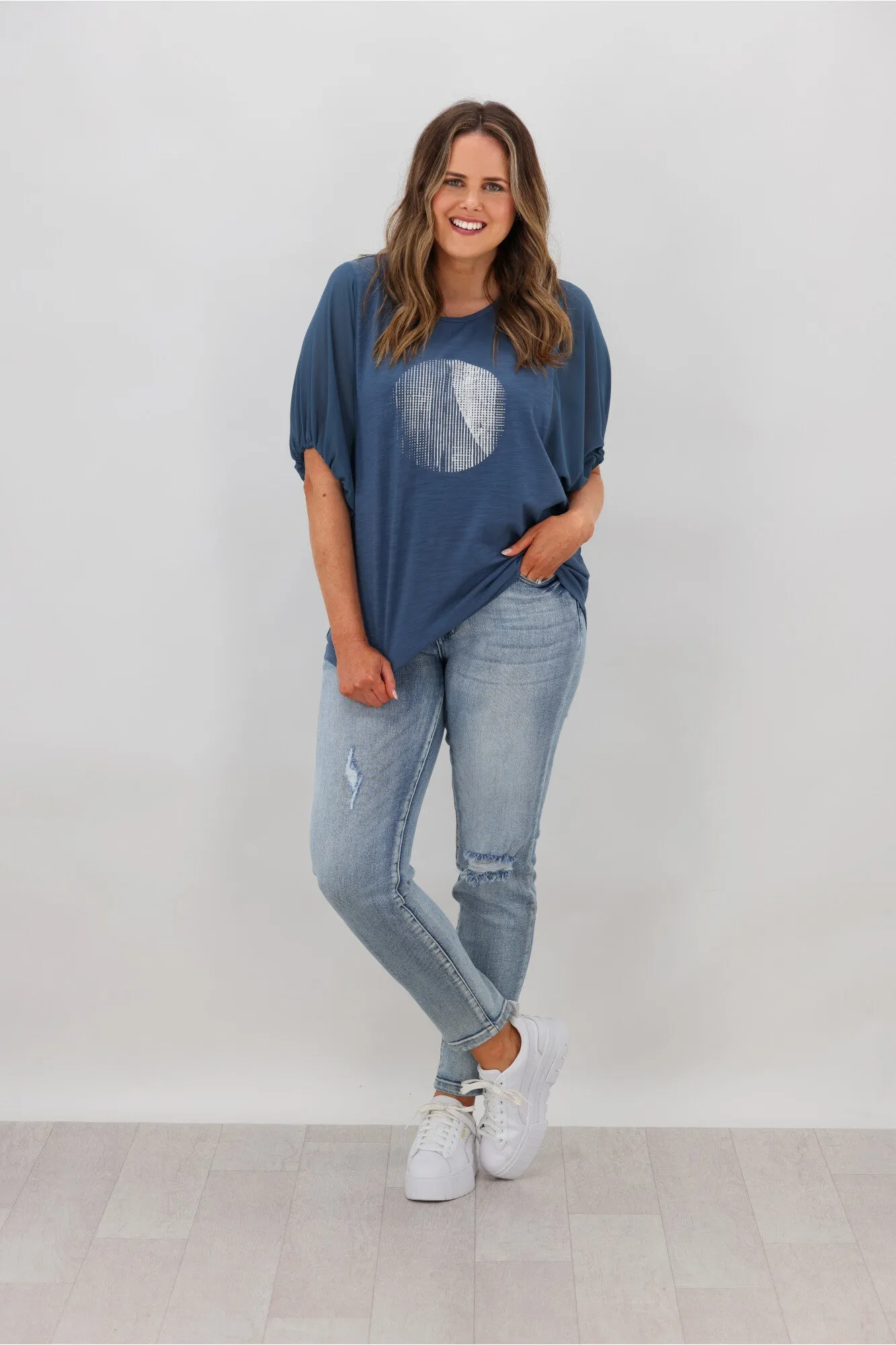 Shine On Label Tahlia Chiffon Sleeve Top Steel Blue w Circle Print
