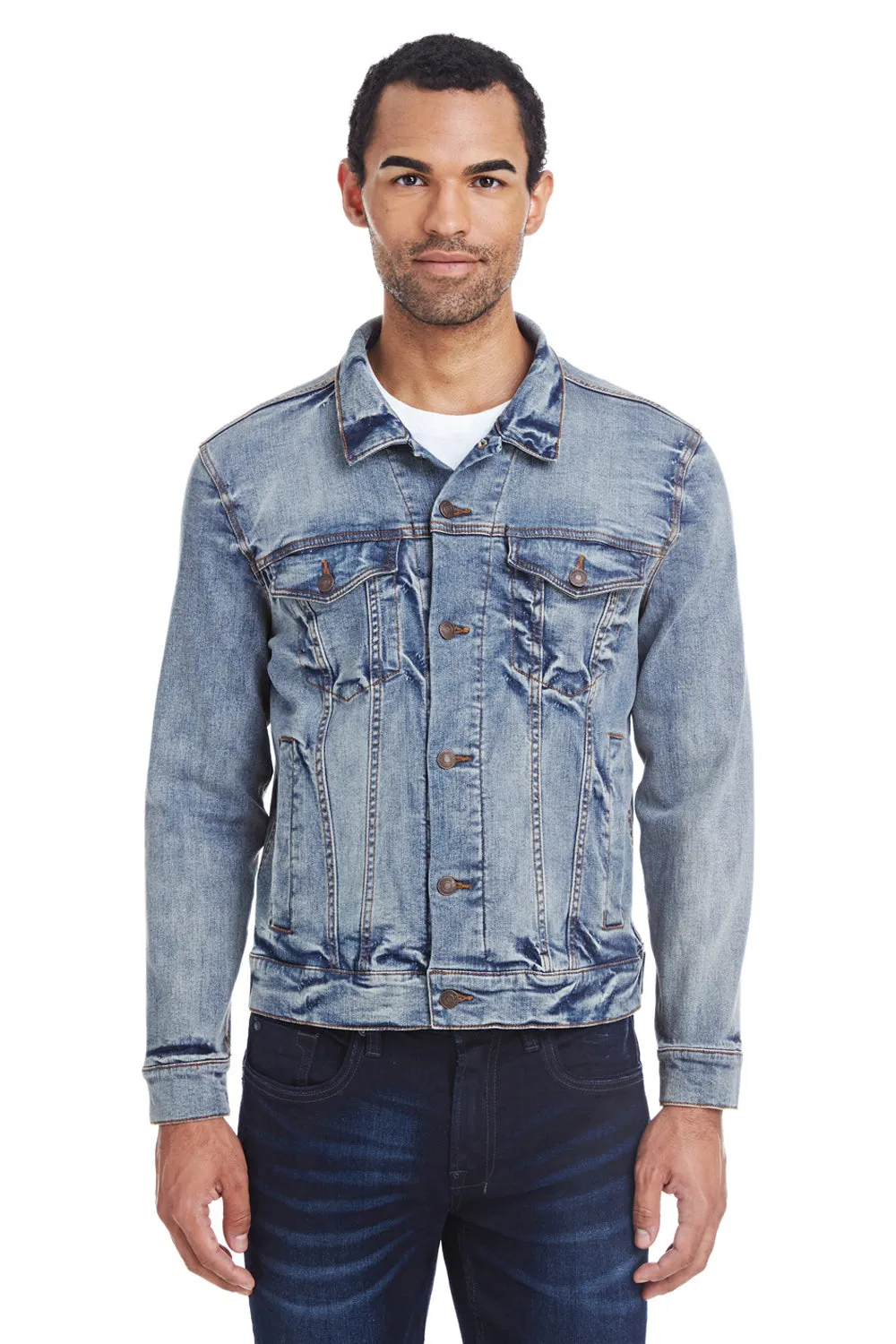 Threadfast Apparel Mens Button Down Denim Jacket - Light Blue