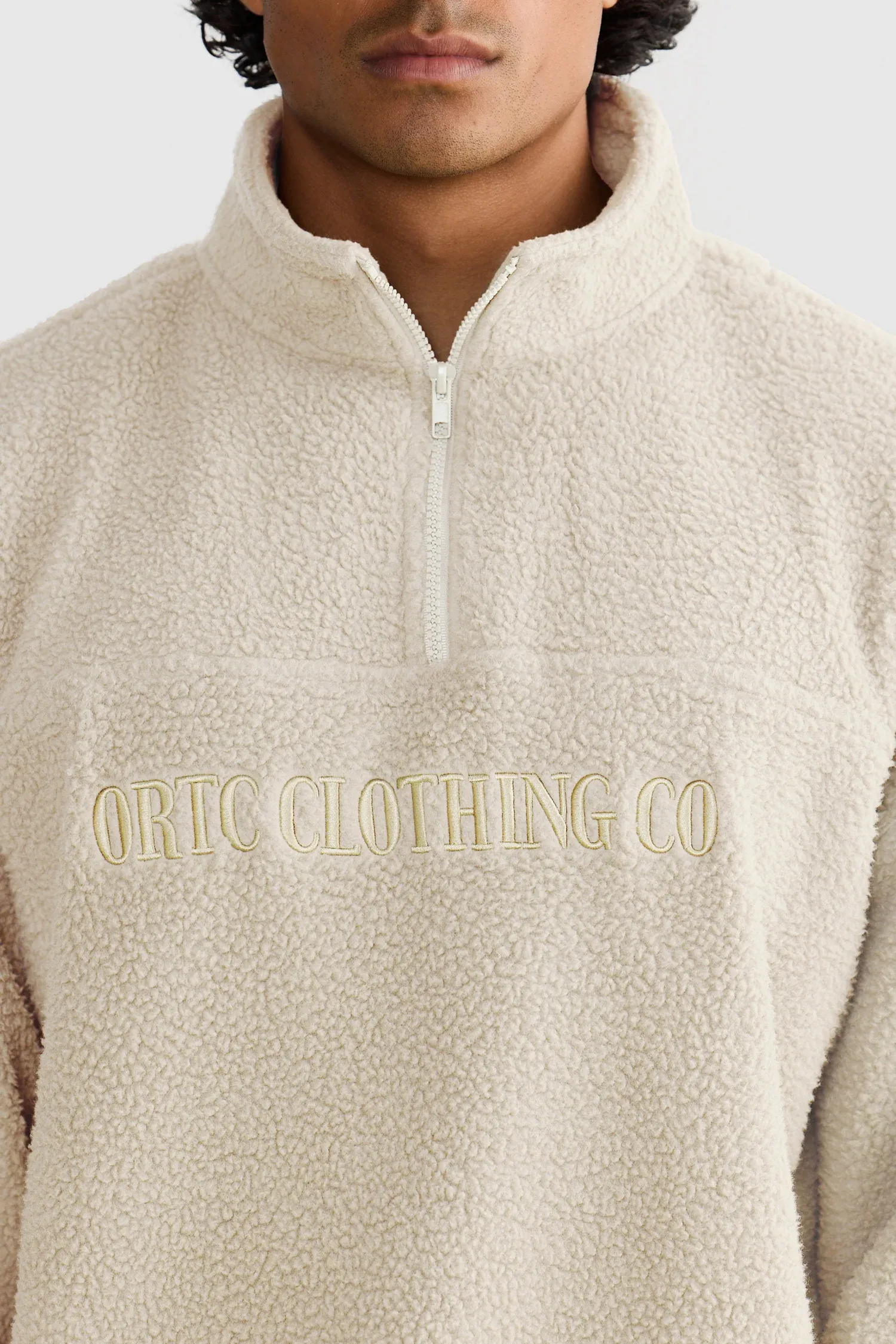Unisex Sherpa Fleece Logo Quarter Zip Natural