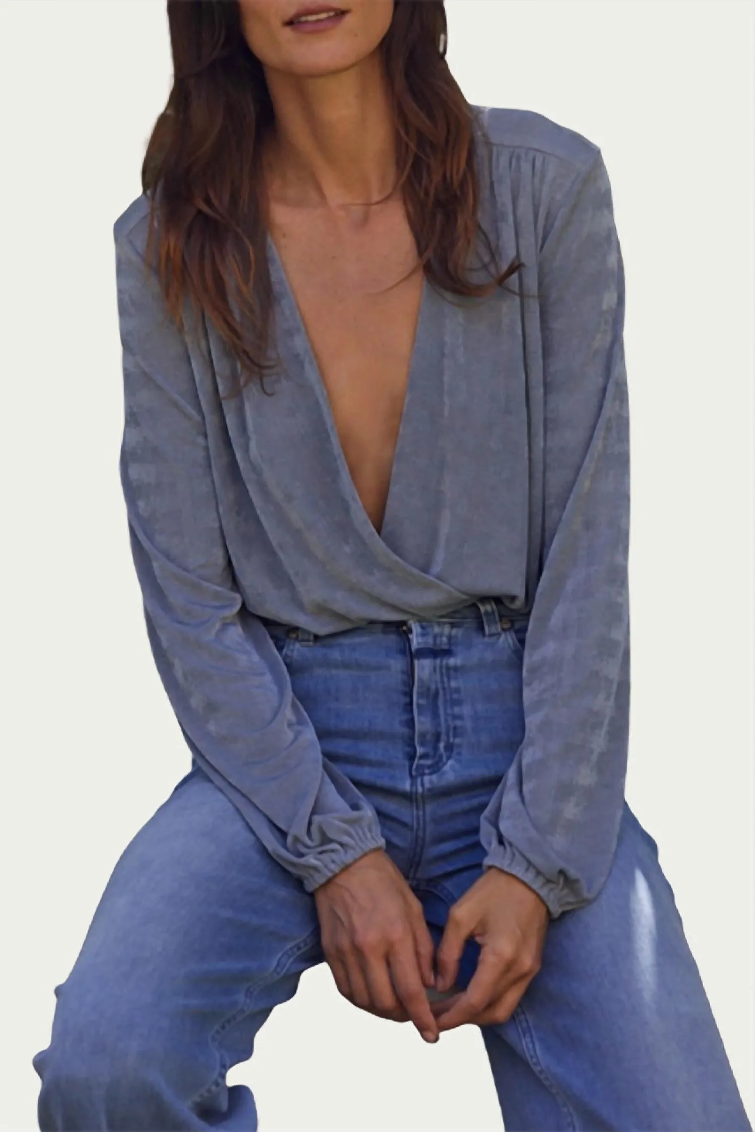 Wrap-Effect Stretch-Jersey Bodysuit In Dusty Blue